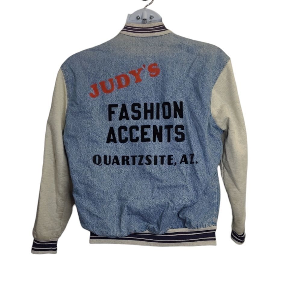 VINTAGE 90s denim varsity bomber spellout jean jacket unisex M
